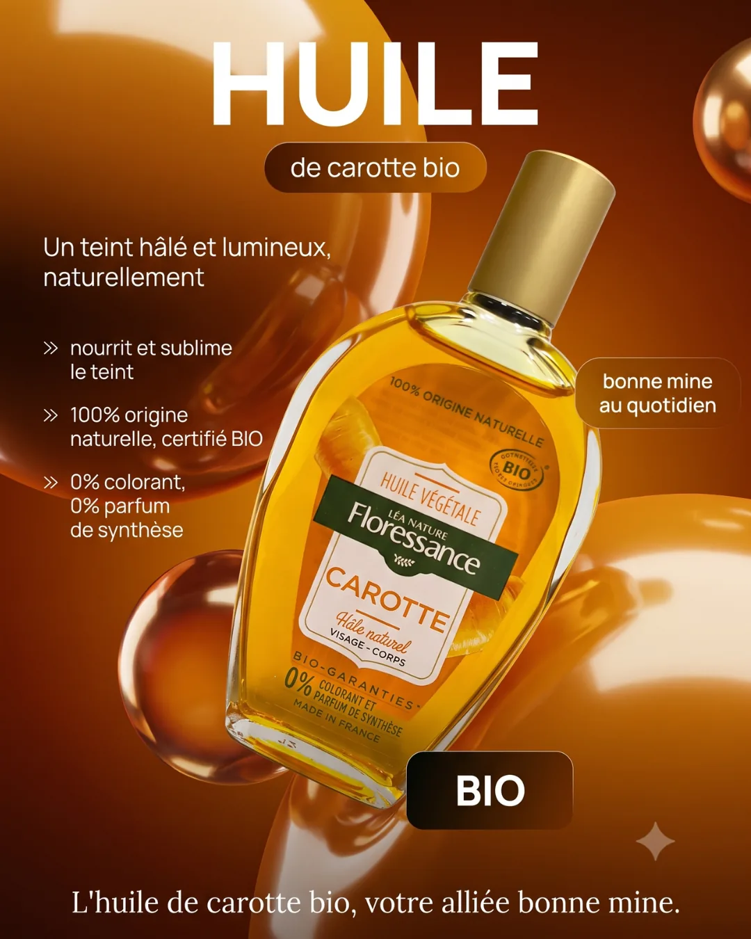 Floressance organic carrot oil suspended among amber gel spheres on a deep orange ground
