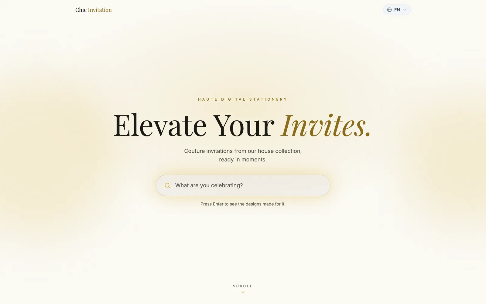 Chic Invitation homepage — an editorial hero reading Elevate Your Invites above a search field for the occasion being celebrated