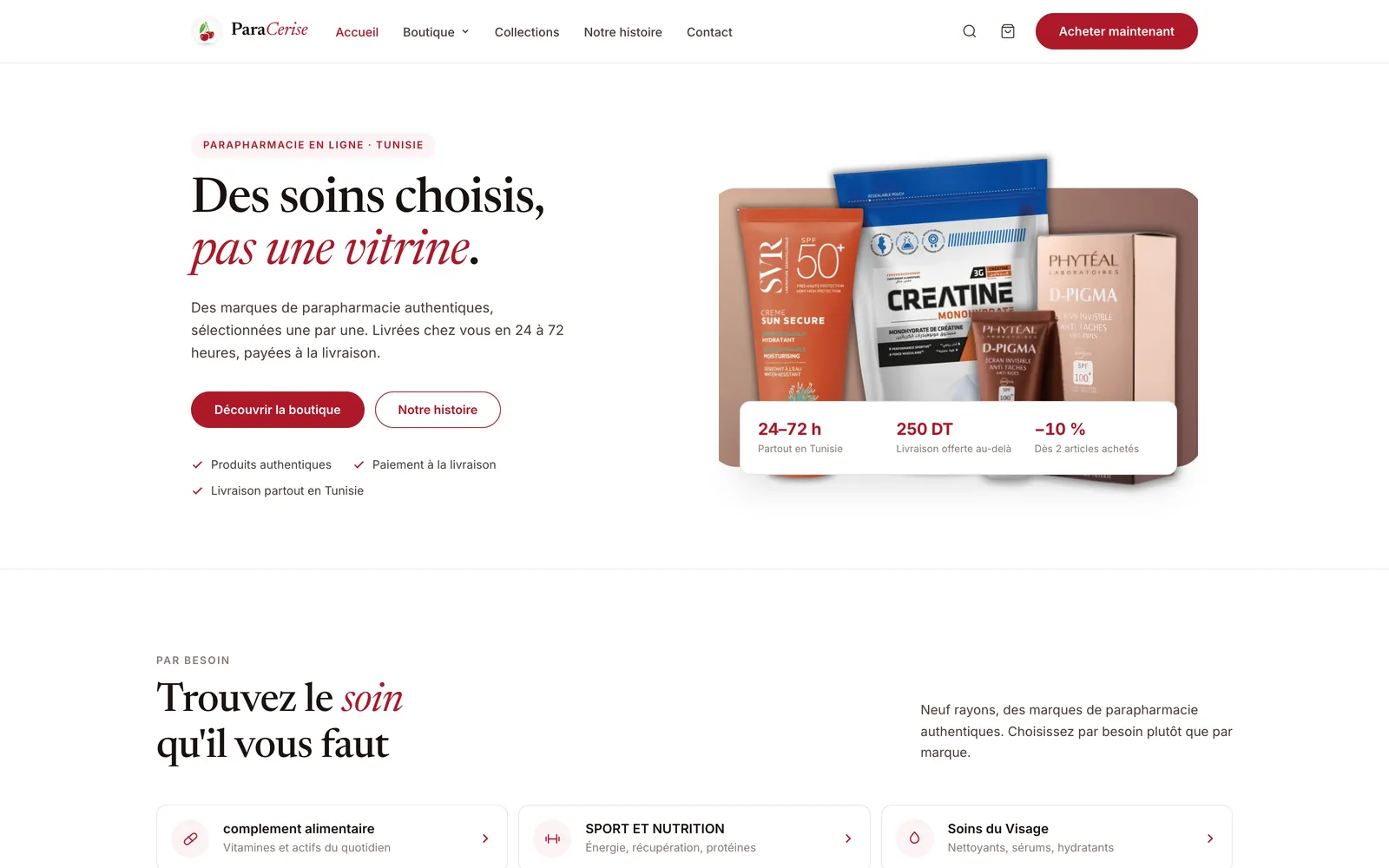 Para Cerise storefront — an editorial hero reading Des soins choisis, pas une vitrine beside a composed product group and delivery terms