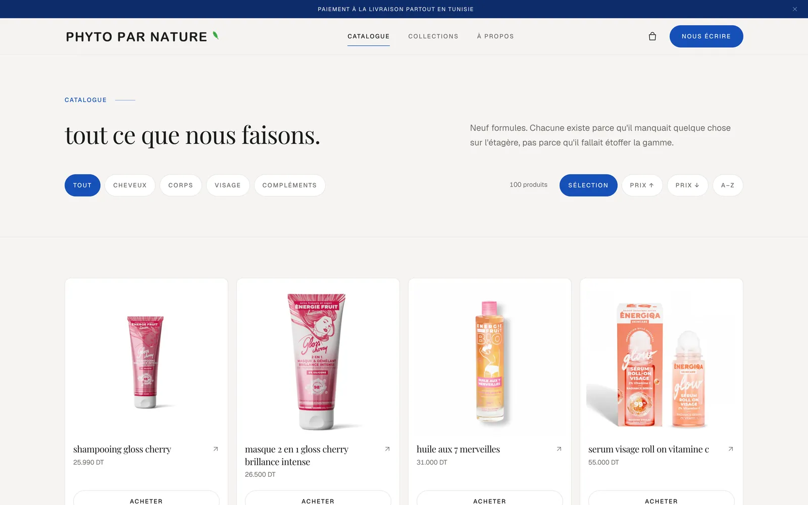 Phyto Par Nature storefront — a full-bleed campaign hero in deep blue with a floating product card and buy button