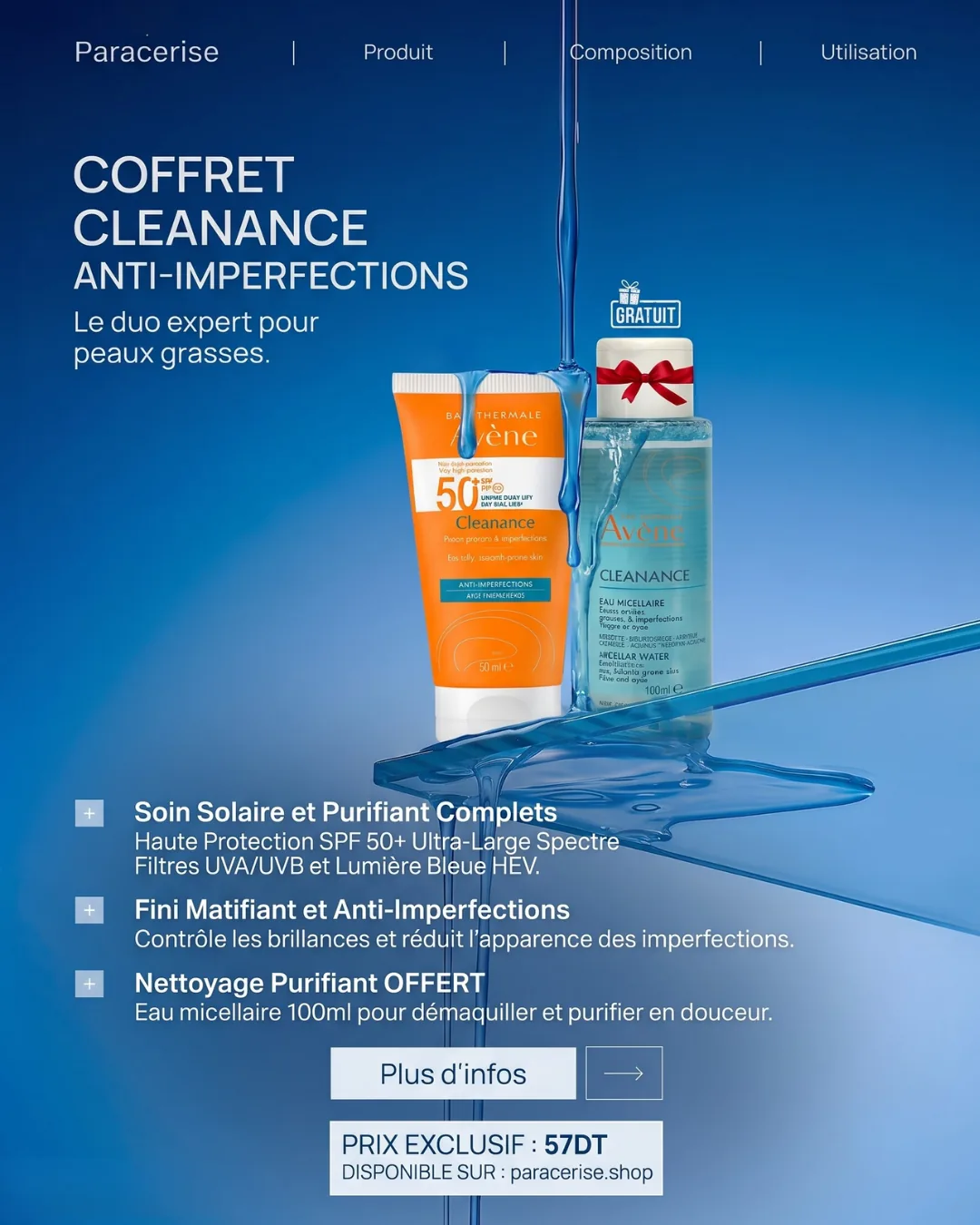 Product creative for the Avène Cleanance gift set, composed on a deep blue liquid-glass surface