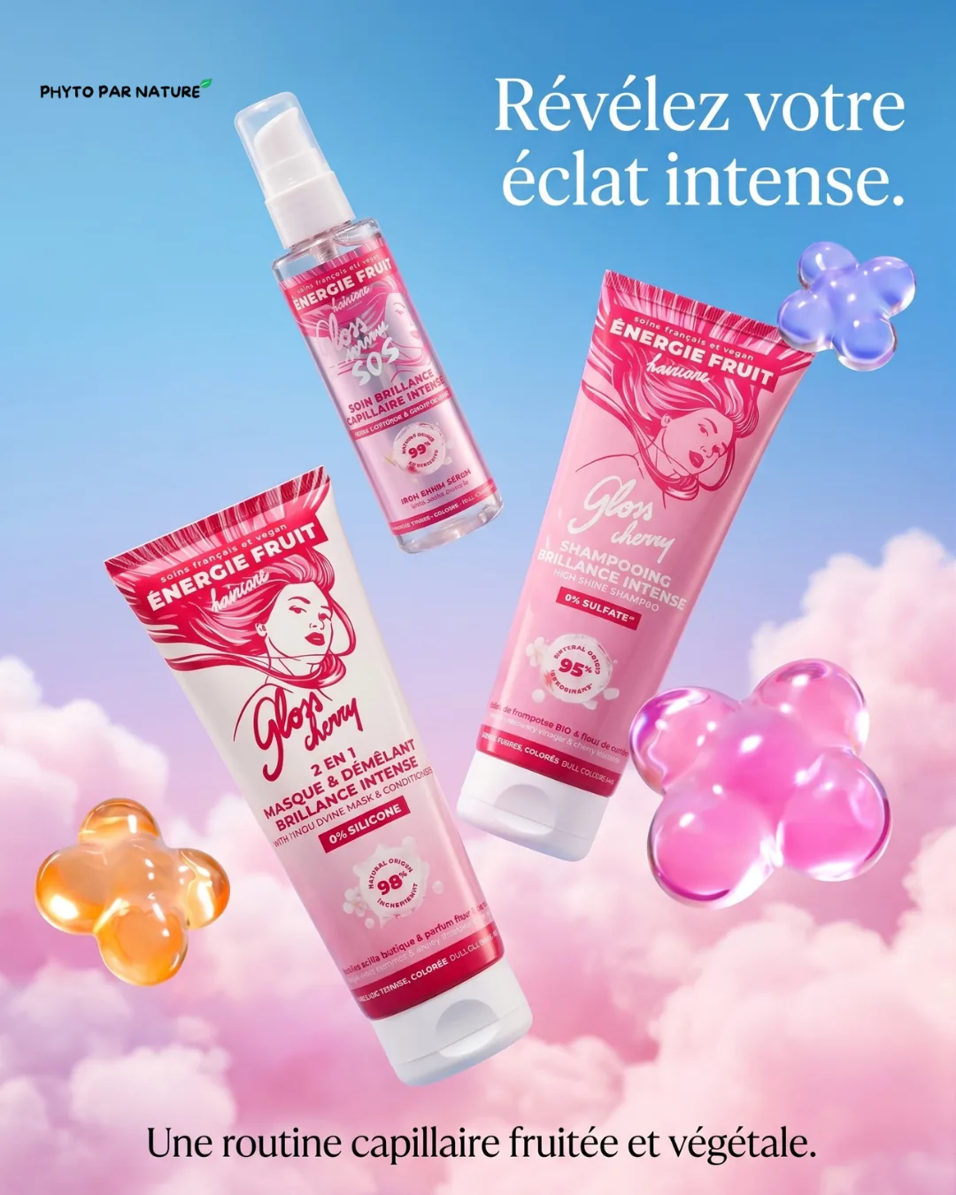 The Énergie Fruit Gloss Cherry range floating on pink cloud with translucent gel flowers